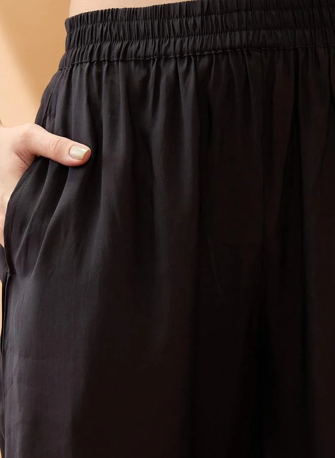 globus Women Black Floral Print Lace Insert Kurta with Pant Set